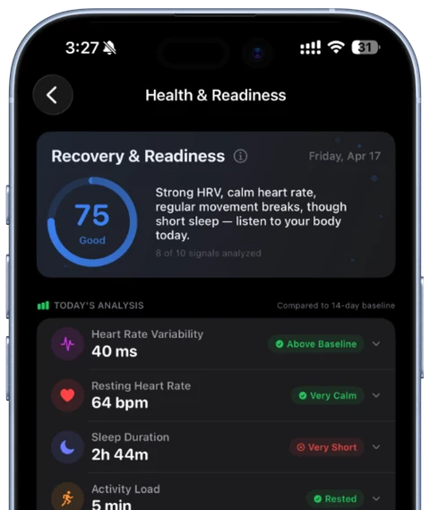 Atomic Fast Health &amp; Readiness screen with the day's readiness card and today's analysis of heart rate variability, resting heart rate, sleep and activity