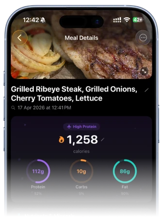 Meal details view showing grilled ribeye steak with macro rings, metabolic impact card, fat burning delay, and digestion timeline
