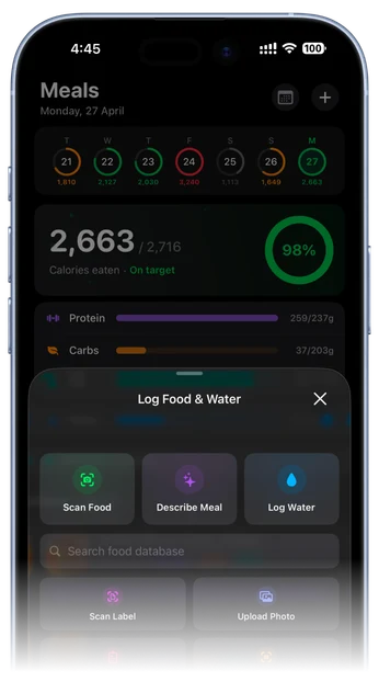 Atomic Fast Meals screen with the Log Food &amp; Water sheet: Scan Food, Describe Meal, Log Water
