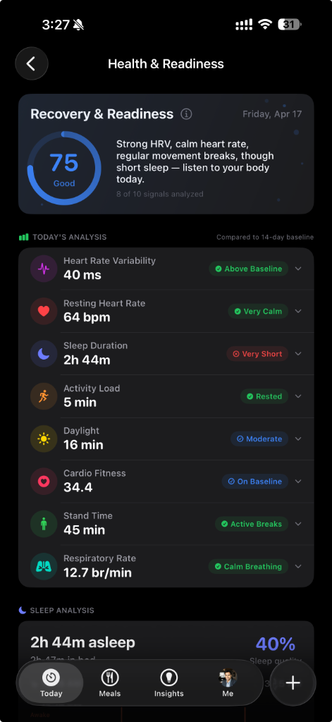 Health & Readiness screen showing Recovery score of 75/Good with 8 health signals analyzed from HealthKit