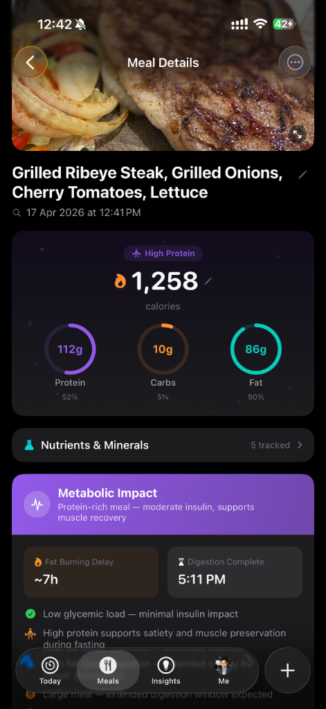 Meal details view showing grilled ribeye steak with macro rings, metabolic impact card, fat burning delay, and digestion timeline