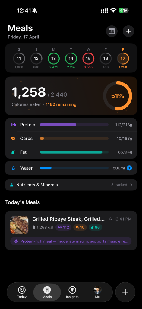 Atomic Fast meals dashboard showing weekly calorie tracking, macro breakdown, and AI meal insights