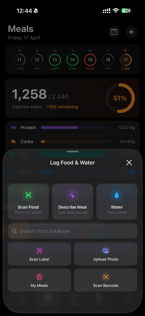 Atomic Fast expanded logging sheet showing 6 ways to log: Scan Food, Describe Meal, Water, Scan Label, Upload Photo, My Meals, Scan Barcode