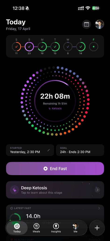 Atomic Fast today view showing fasting timer at 22h 13m in ketosis with meal logging sheet